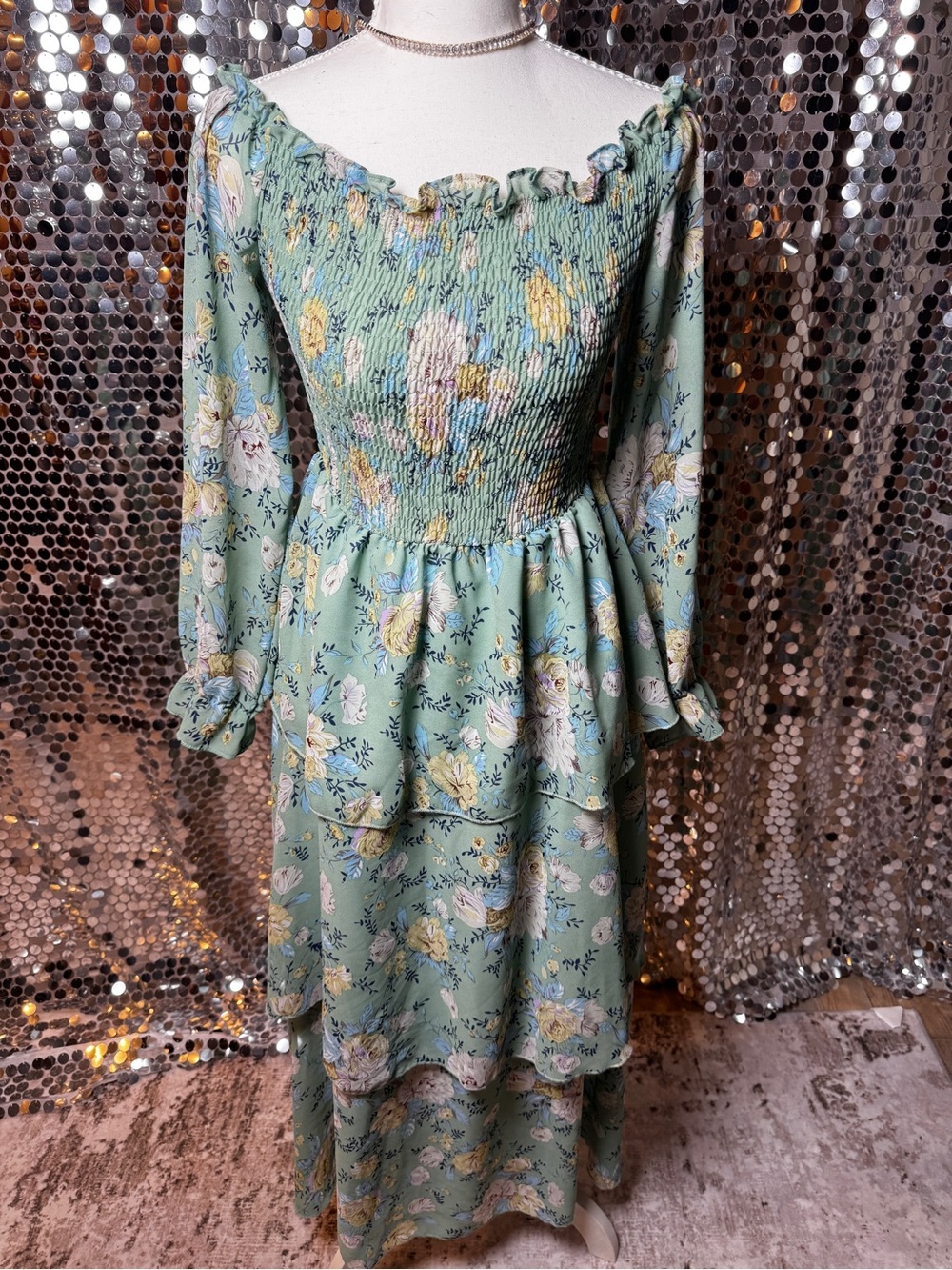 Floral Smocked Maxi Dress - Sage Green